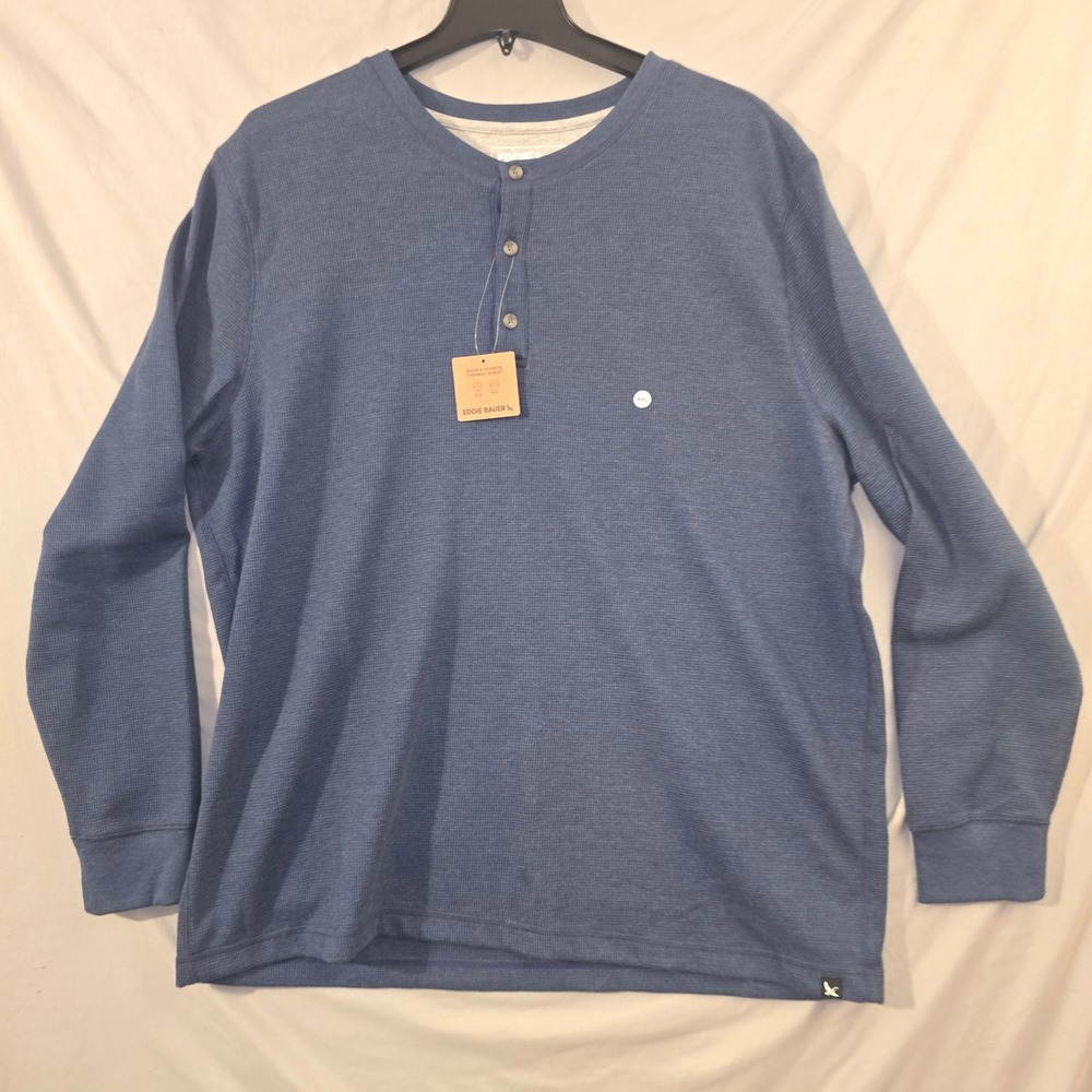 Eddie Bauer Thermal Henley 2XL Mens Dusk Blue Long Sleeve Waffle Knit Shirt NWT